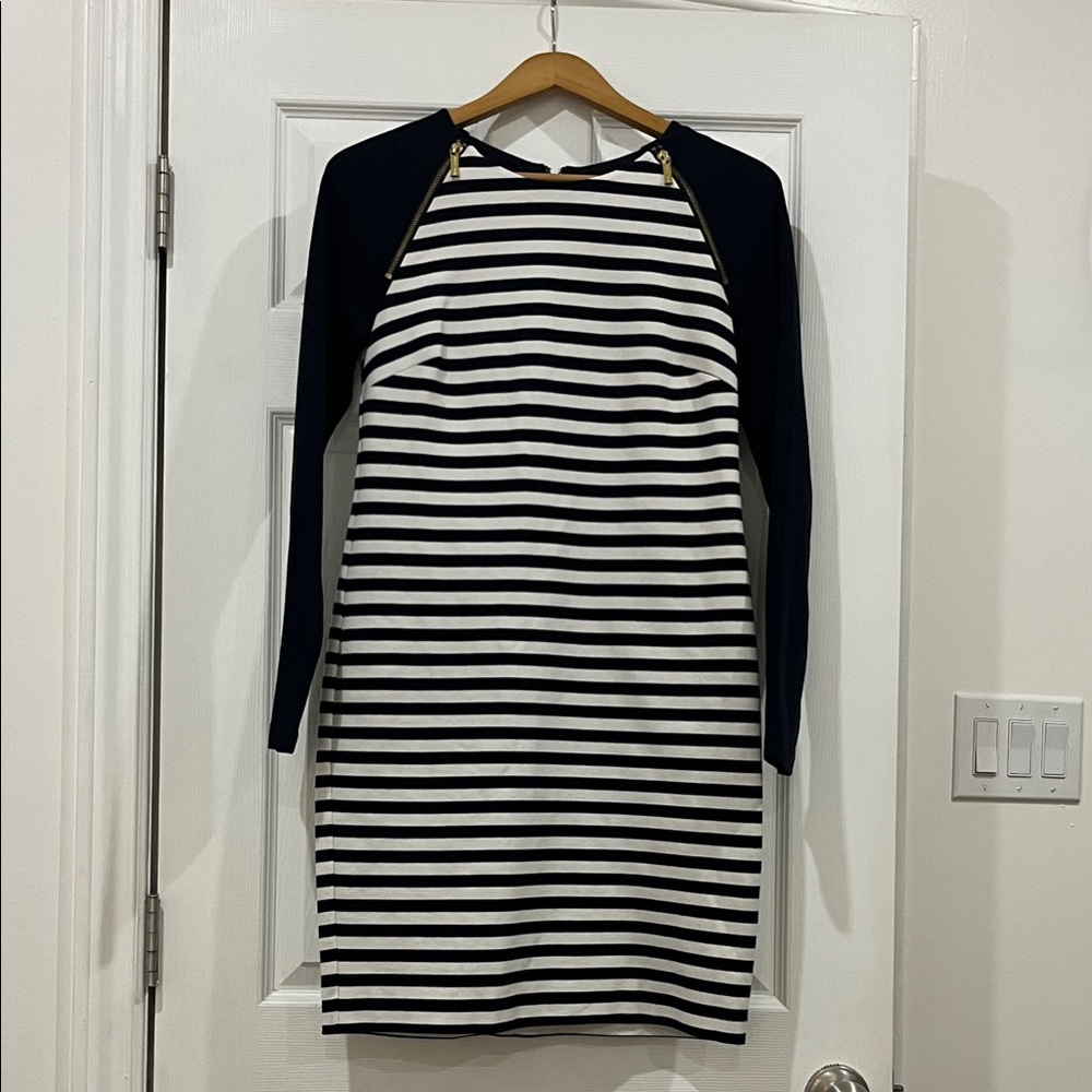 Michael Kors Navy and White Striped Long Sleeve Dress